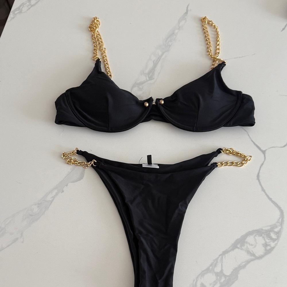 Black Bikini with Gold Chain Straps